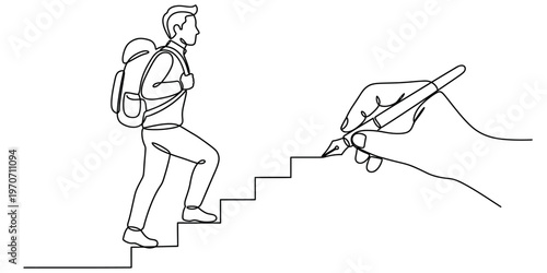 Man with backpack climbing stairs while hand draws the path forward, symbolizing journey, ambition, and creation