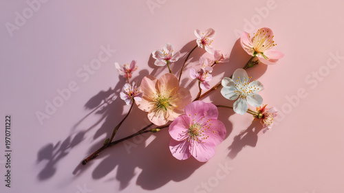Minimal spring flower arrangement, pastel background, pink blossom, branch, soft shadow, delicate floral