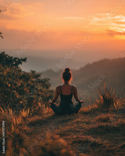 Woman meditating outdoors peaceful nature sunrise light mountain landscape yoga pose mindfulness practice calm woman