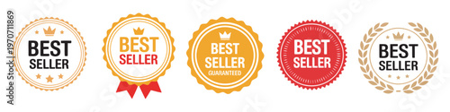 Best seller sticker vector set, isolated premium quality, gold red colors, product label badge, promotional marketing illustration