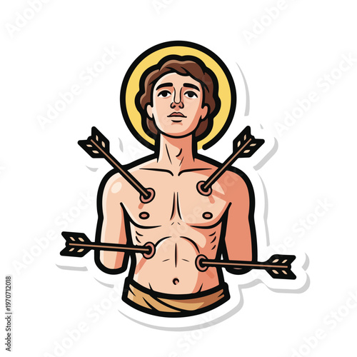 A shirtless man with a halo and arrows through his chest