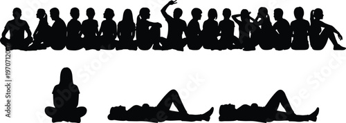 "Silhouettes of seated and reclining people in relaxed postures, cross‑legged, lying down, and casual sitting positions, illustrating human body language for design and creative projects"
