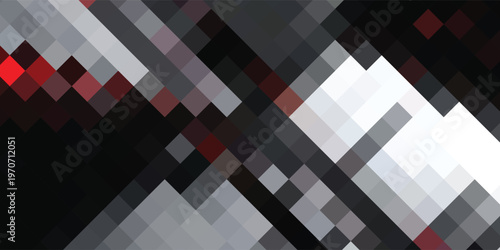 Abstract Geometric Pixelated Pattern with Red and Gray Accents.