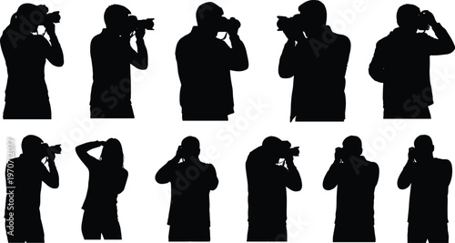 Set of professional photographer silhouettes capturing photos with digital cameras, featuring diverse poses of men and women for photography concepts.