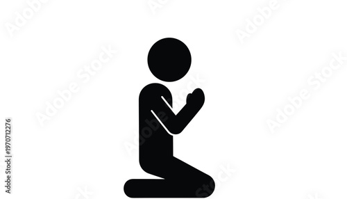Minimalist vector graphic showing a stick figure icon kneeling with hands joined, an abstract design illustration.