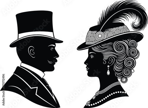 Vintage, silhouette, portrait, of, a, Victorian, gentleman, in, top, hat, and, elegant, lady, in, feathered, hat, isolated, on, white, background,
