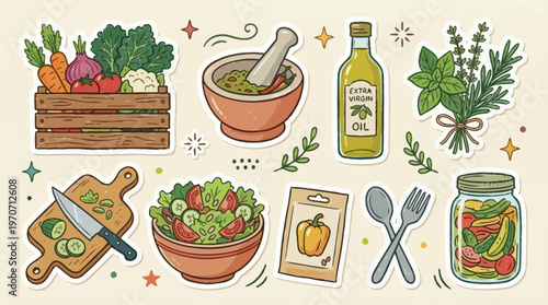 Vegetables Herbs Olive Oil Mortar Salad Utensils Flat Illustration