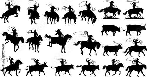 Western rodeo cowboy silhouettes, horse riding with lasso, bull roping elements, wild west ranch life, cattle drives, country sport vector illustration, equestrian action, american frontier, 