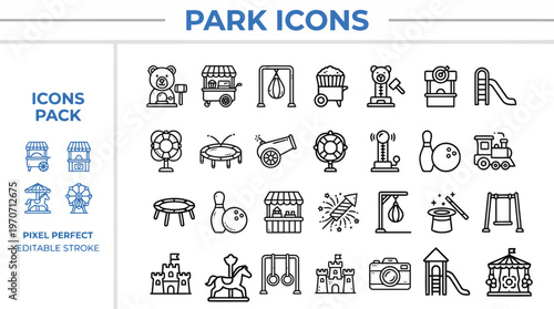 Outline vector icon set of public park, outdoor recreation and nature