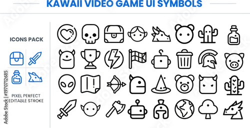 Outline vector icon set of fantasy video game ui and rpg elements