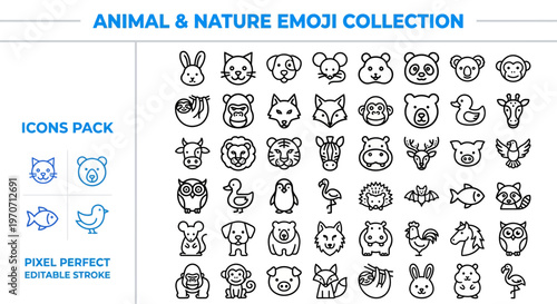 Outline vector icon set of animal face emojis and cute pets