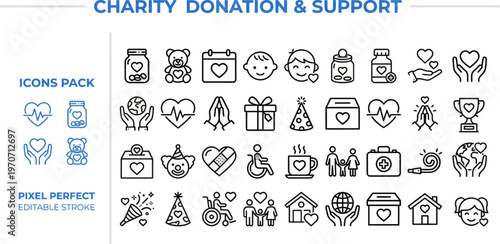 Outline vector icon set of charity donation, volunteering and community