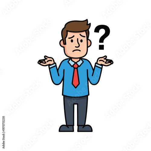 A puzzled man in a blue shirt and red tie