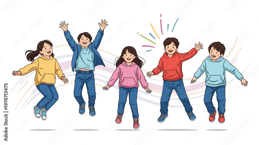 Obraz premium Five happy diverse children, boys and girls, joyfully jump into the air with arms raised, celebrating fun and energy.