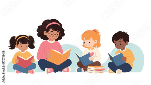 Four diverse happy children sit cross-legged, engrossed in reading books, symbolizing literacy, learning, and early childhood education.