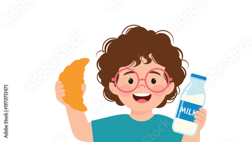 A happy boy with curly hair and glasses holds a croissant in one hand and a bottle of milk in the other, ready for breakfast.