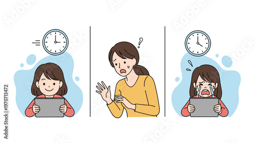 Three illustrations showing a girl happy with screen time, a mother worried about it, and a girl crying from excessive screen time.