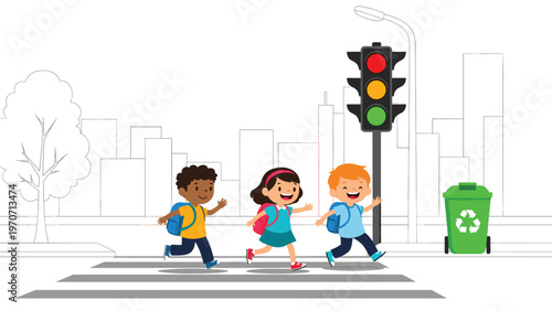 Three happy diverse children, boys and a girl, with backpacks, safely cross a street at a crosswalk with a green traffic light.