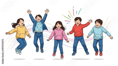 Five happy diverse children, boys and girls, joyfully jump into the air with arms raised, celebrating fun and energy.