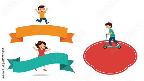 A collection of banners and shapes featuring happy children, with one boy jumping and another riding a scooter, symbolizing playful design elements.