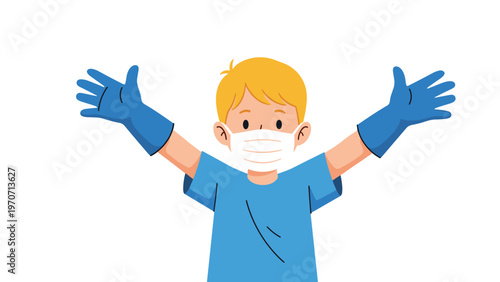 Young boy wearing a protective face mask and blue gloves with arms raised in a gesture of readiness or excitement.