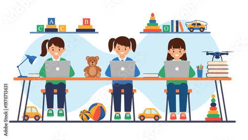 Three smiling girls engaged in learning or coding on laptops at a long desk, surrounded by educational toys and books.