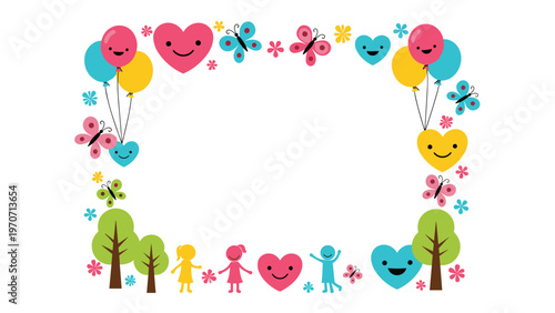 Delightful rectangular frame composed of colorful hearts, cheerful butterflies, green trees, and happy children, on white background.