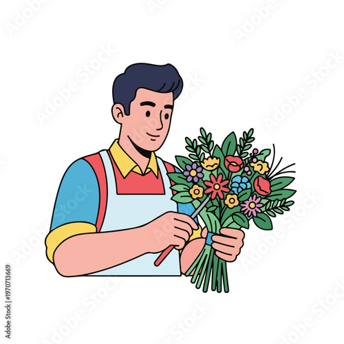 A man in an apron trimming a colorful bouquet