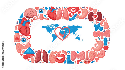 Conceptual illustration showcasing a world map with a prominent heart and heartbeat, encircled by various human internal organs.