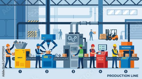 Workers in various professions are industriously engaged in manufacturing tasks within a large industrial factory setting with heavy machinery and equipment.