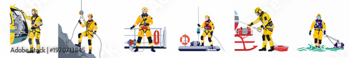 Collection of Search and Rescue Illustrations Showing Emergency Personnel in Yellow Gear Performing Various Rescue Operations with Specialized Equipment and Winches.