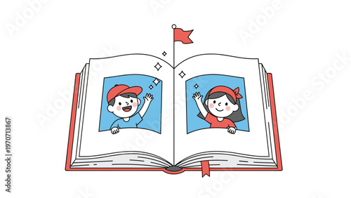 Open storybook revealing a charming illustration of a happy boy and girl waving from its pages, ready for new adventures.