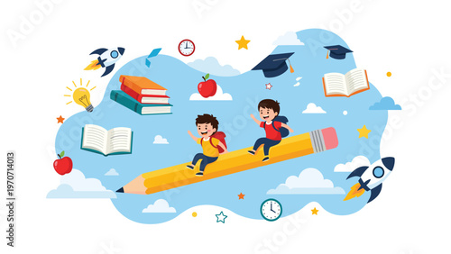 Creative illustration of two happy school children riding a giant flying pencil through the sky, surrounded by educational elements.
