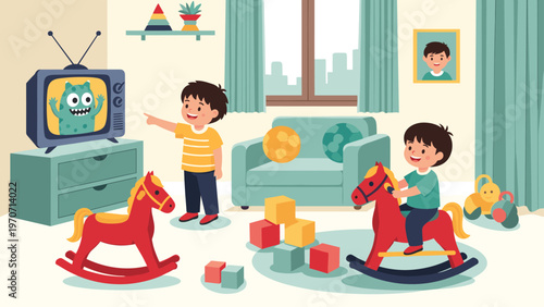 Playful scene of two young boys happily engaged in various activities within a colorful and toy-filled living room.