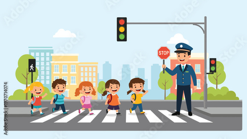 Friendly police officer holding a stop sign, diligently helping a group of cheerful children safely cross the street at a crosswalk.
