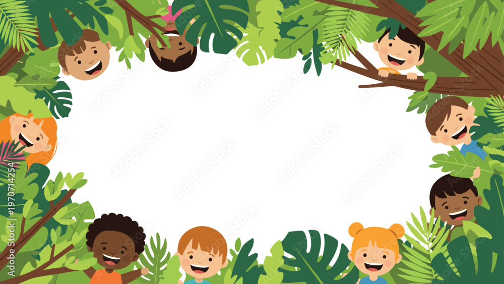 Obraz premium Tropical frame design featuring happy diverse children joyfully peeking through lush green jungle leaves, perfect for an exotic theme.