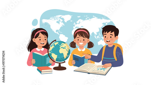 Group of happy children enthusiastically studying world geography with books and a globe, fostering global awareness and learning.