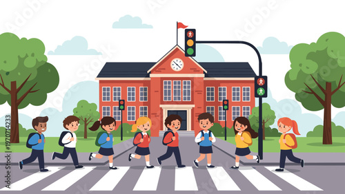 Group of happy and diverse children safely crossing the street at a crosswalk in front of a bustling school building.