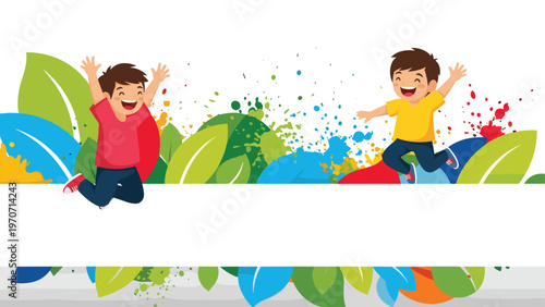Energetic illustration of two happy boys joyfully jumping, surrounded by vibrant paint splashes and colorful leaves, creating a dynamic background.
