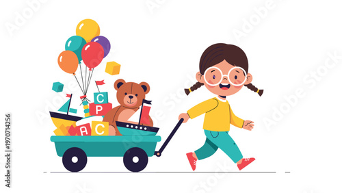 Happy little girl enthusiastically pulling a wagon overflowing with colorful toys and balloons, ready for playtime.