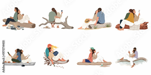 Set of eight illustrations featuring romantic couples sitting on logs and driftwood in various cozy, relaxing outdoor settings.