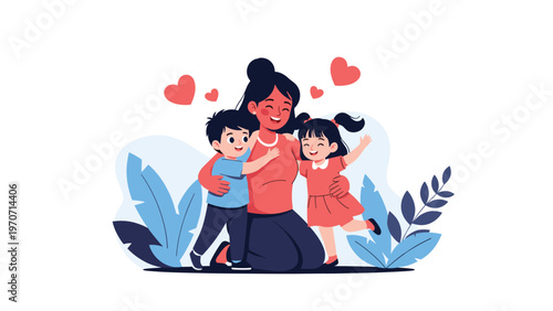 Heartwarming illustration of a loving mother affectionately hugging her two happy children, radiating joy and family connection.
