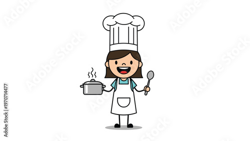Happy little girl dressed as a chef, proudly holding a steaming pot and a spoon, ready to cook and create.