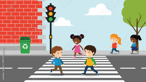 Diverse group of happy children safely and cheerfully crossing the street at a crosswalk with a traffic light and brick building.