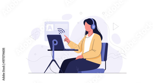 Woman with headphones working on laptop, online learning, remote work, podcasting