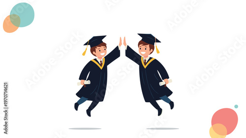 Two cheerful male graduates in caps and gowns joyfully jumping and high-fiving, celebrating their academic achievement.