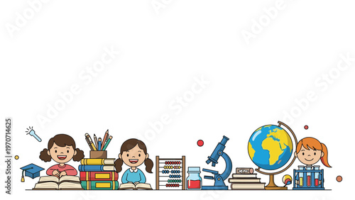 Two happy girls diligently studying at a desk, surrounded by various school supplies and scientific instruments.