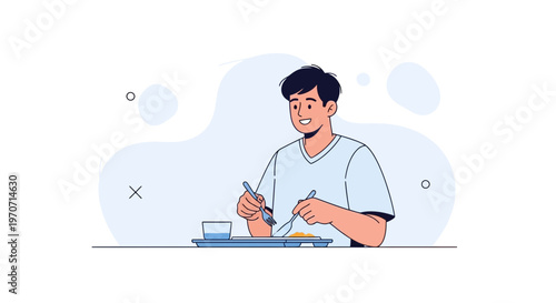 Young Man Eating Meal with Fork and Knife, Healthy Food, Lifestyle Illustration