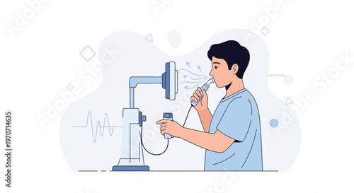 Young man performing lung function test with spirometer, medical illustration