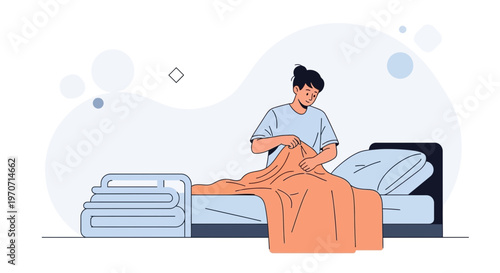 Young person making bed, tidying sheets and pillows, bedroom interior, minimalist illustration
